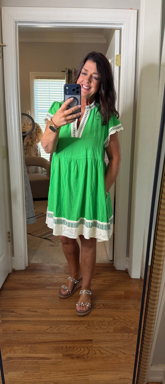 Color Block V Neck Tiered Mini Dress - Green - Simply Pink Boutique
