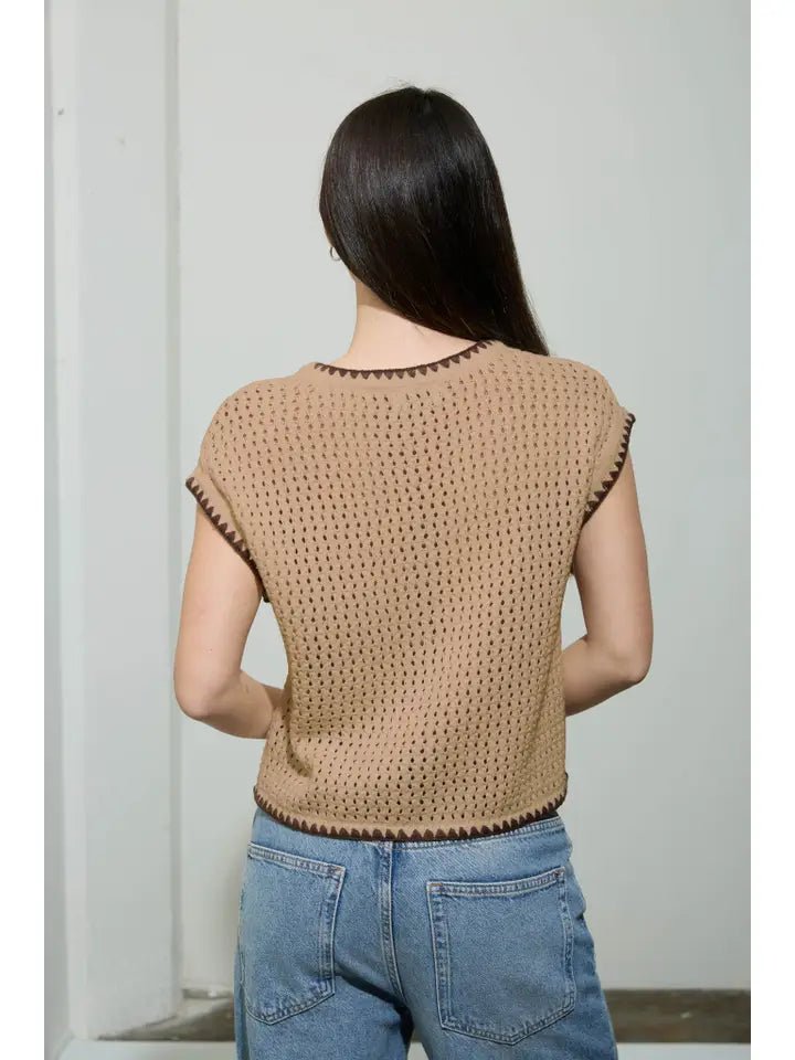 Contrast Stitch Crochet Knit Short Sleeve Cardigan - Simply Pink Boutique