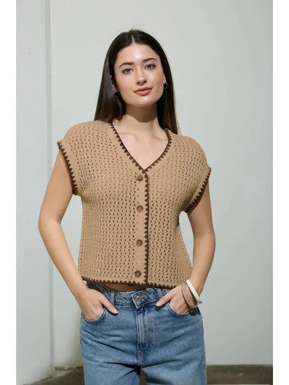 Contrast Stitch Crochet Knit Short Sleeve Cardigan - Simply Pink Boutique