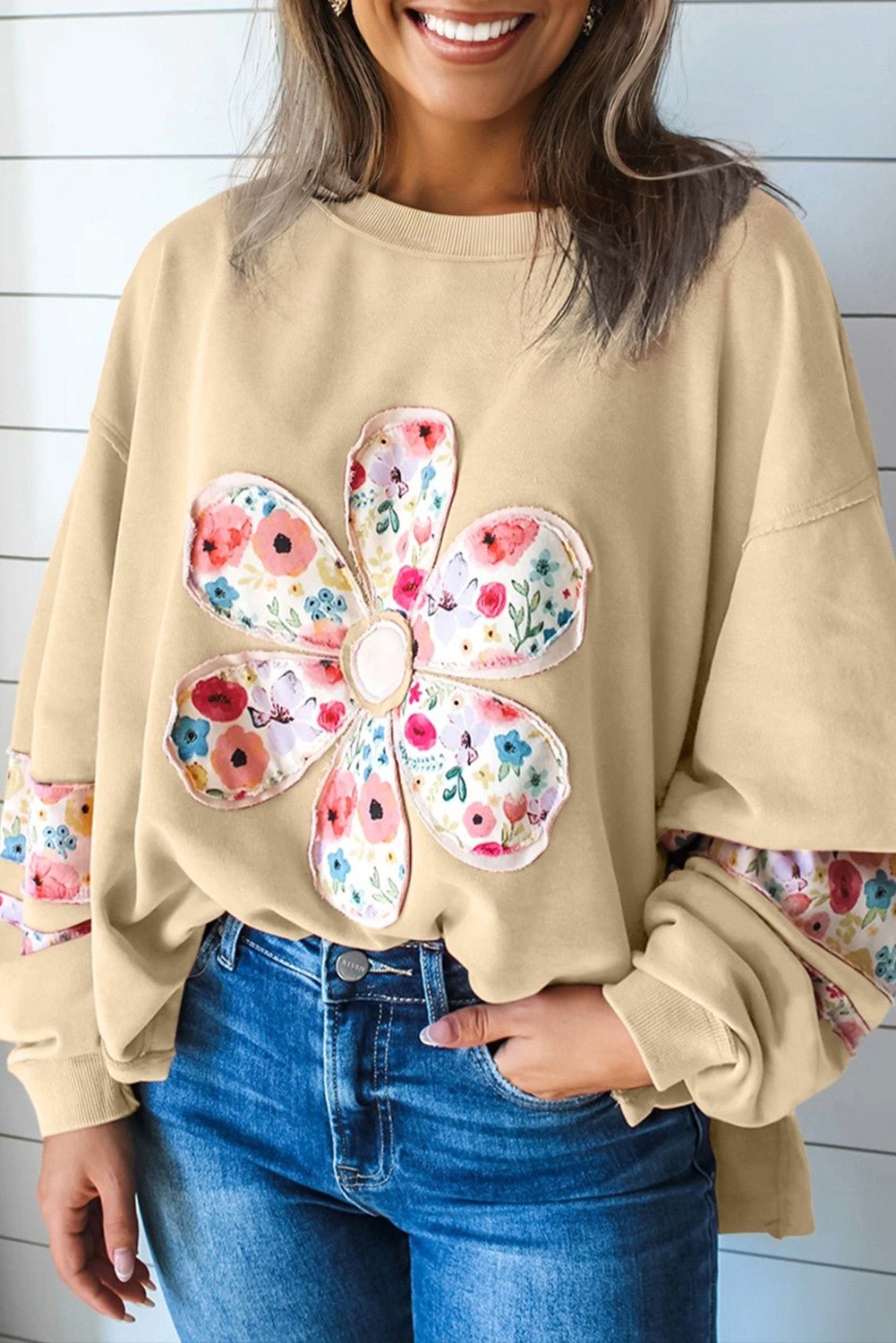 Cream Floral Patchwork Long Sleeve - Simply Pink Boutique