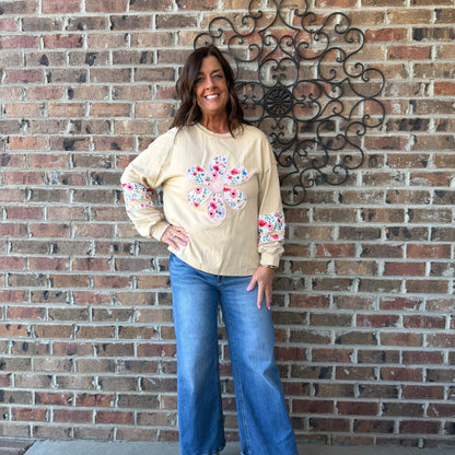 Cream Floral Patchwork Long Sleeve - Simply Pink Boutique
