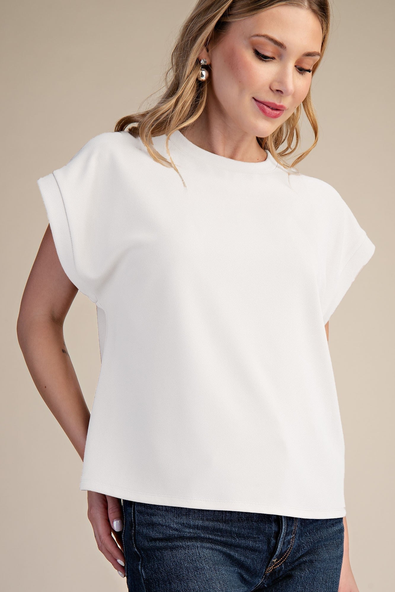Crew Neckline Cuffed Short Sleeves Clean Hemline Top Ivory - Simply Pink Boutique