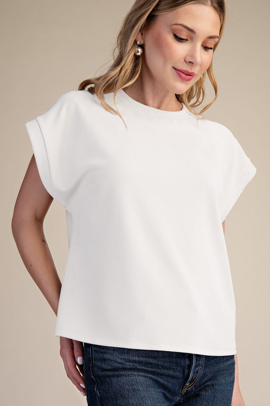 Crew Neckline Cuffed Short Sleeves Clean Hemline Top Ivory - Simply Pink Boutique