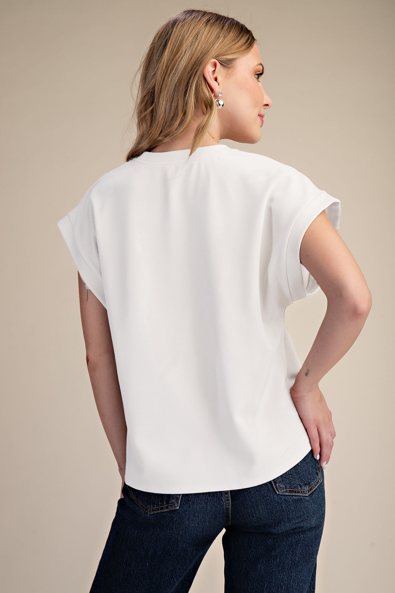 Crew Neckline Cuffed Short Sleeves Clean Hemline Top Ivory - Simply Pink Boutique
