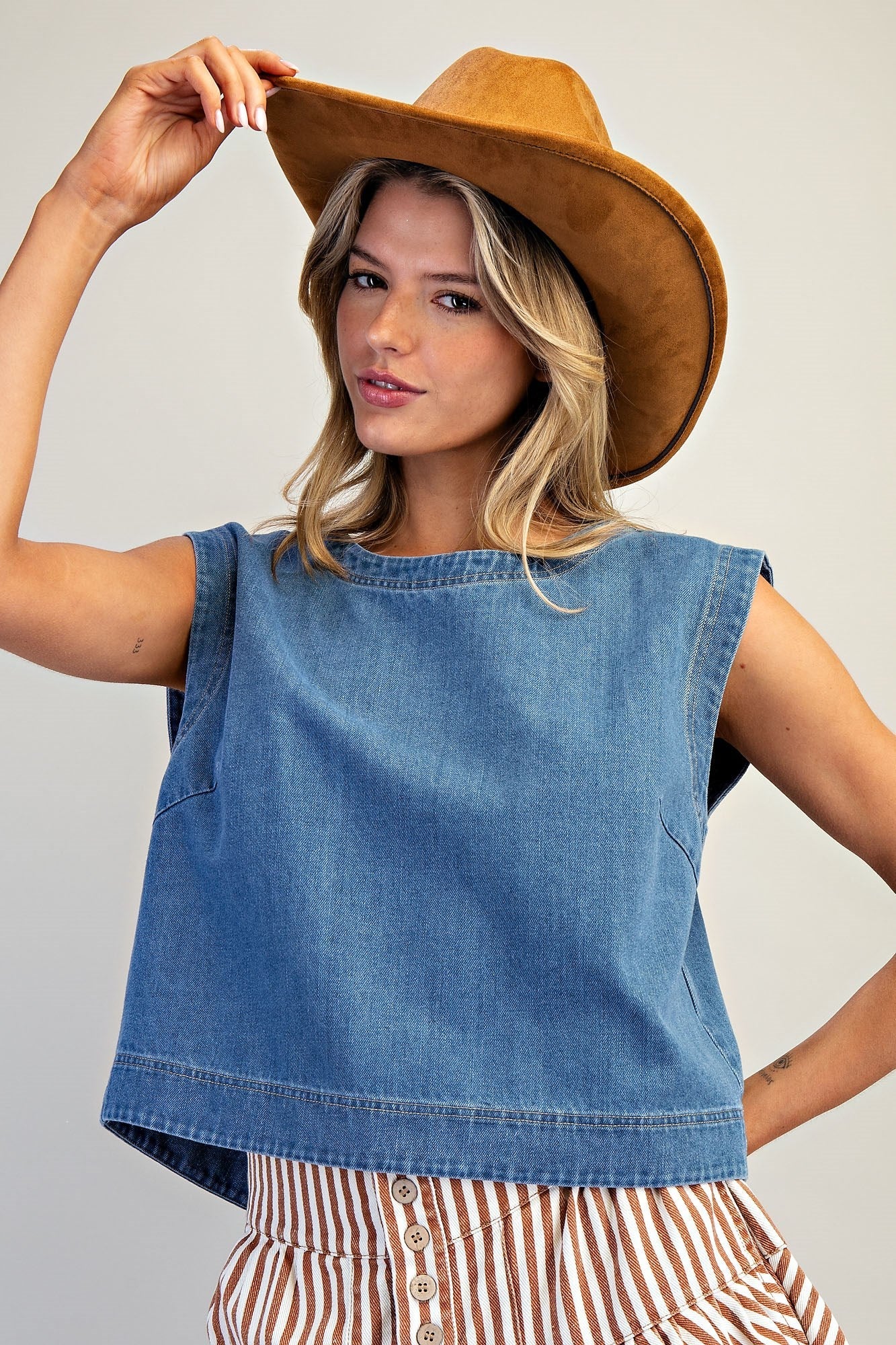 Denim Top Round Neck Cropped Cap Sleeve - Simply Pink Boutique