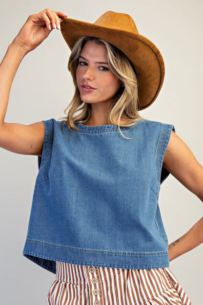 Denim Top Round Neck Cropped Cap Sleeve - Simply Pink Boutique