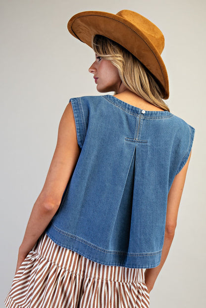 Denim Top Round Neck Cropped Cap Sleeve - Simply Pink Boutique