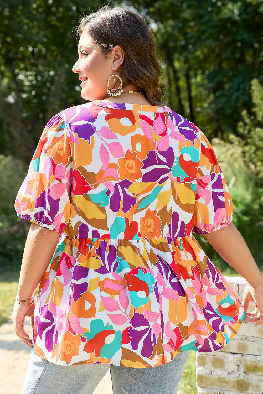 Pink Plus Size Floral Print V neck and Flare Blouse