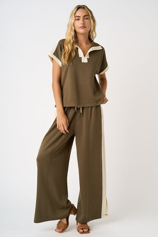 Olive Contrast Stripe Short Sleeve Top with Pants Set