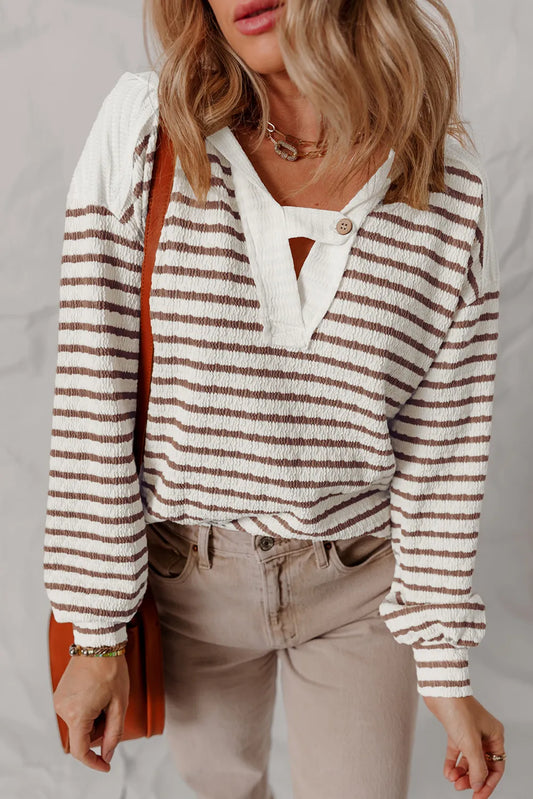 Khaki Stripe Textured Hooded V Neck Pullover