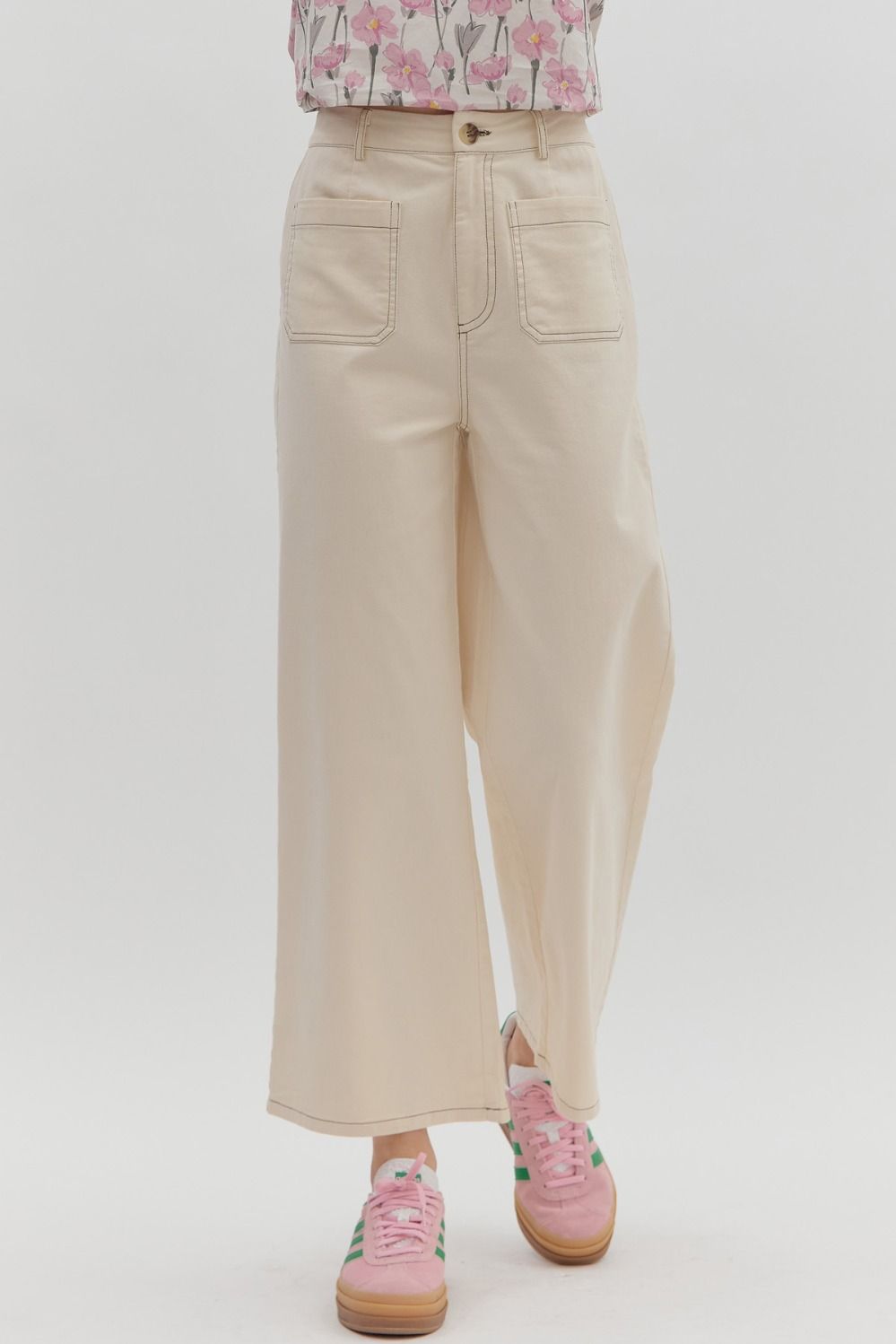 Stitch Detail Front Pocket Pants-Ecru