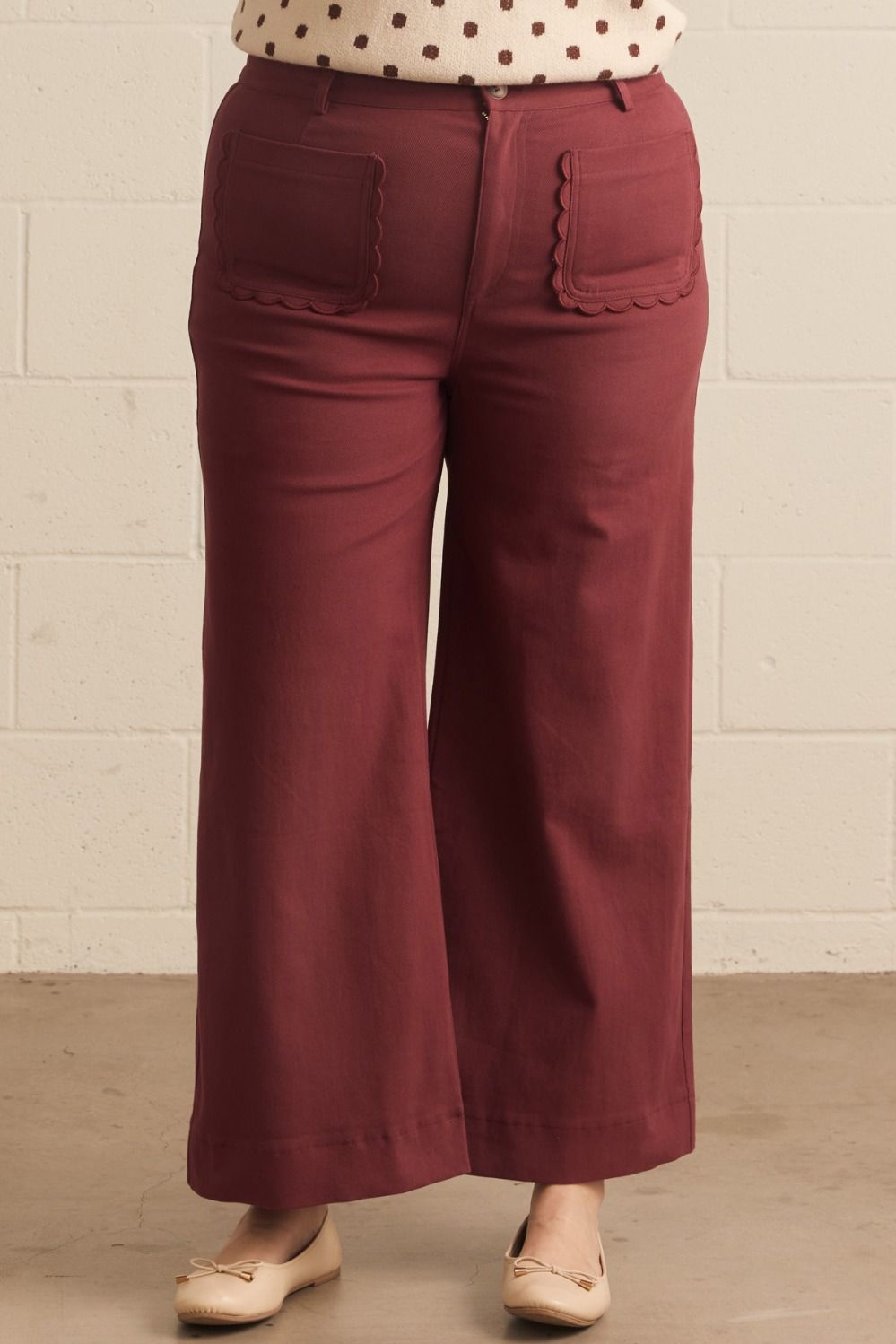 Burgundy Long Pants with Scallop Front Pockets