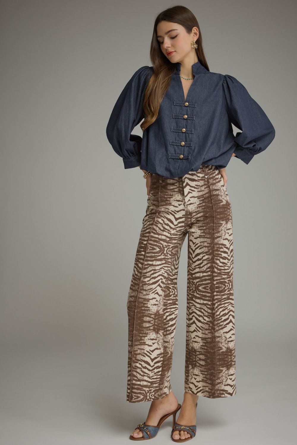 Entro Animal Print Wide Leg Pants-Brown