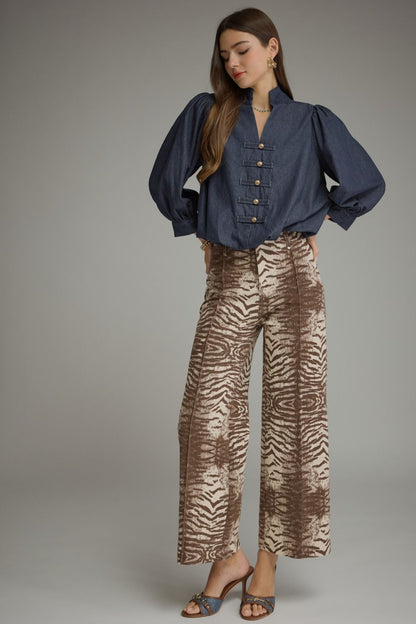 Entro Animal Print Wide Leg Pants-Brown