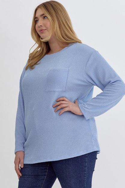 Light Blue Ribbed Round Neck Long Sleeve Top-Curvy