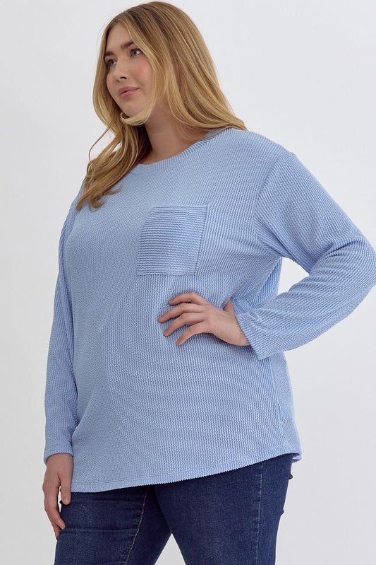 Light Blue Ribbed Round Neck Long Sleeve Top-Curvy