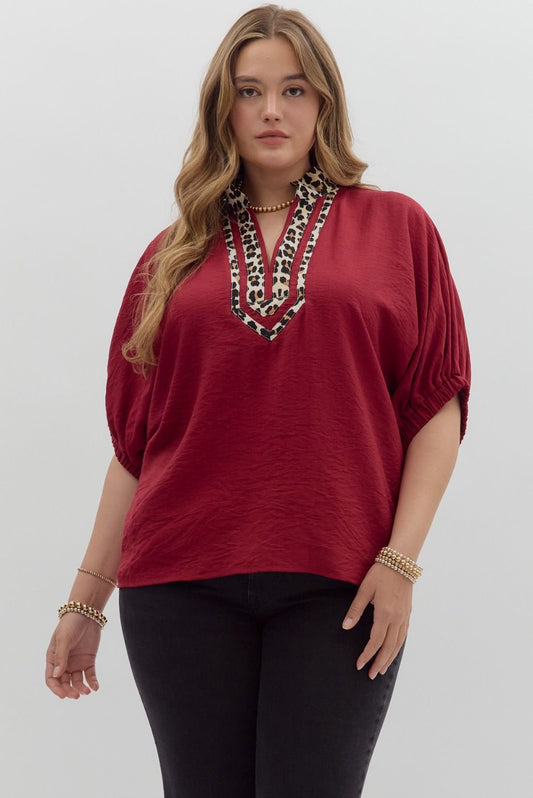 Garnet Dolman Sleeve Top with Animal Print Detail