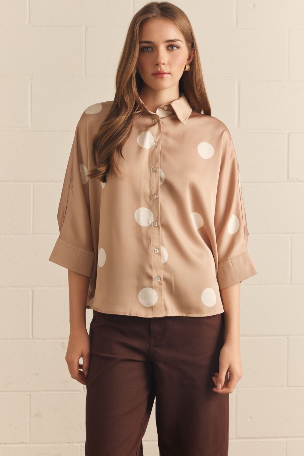 Button Up Polka Dot Top-Latte