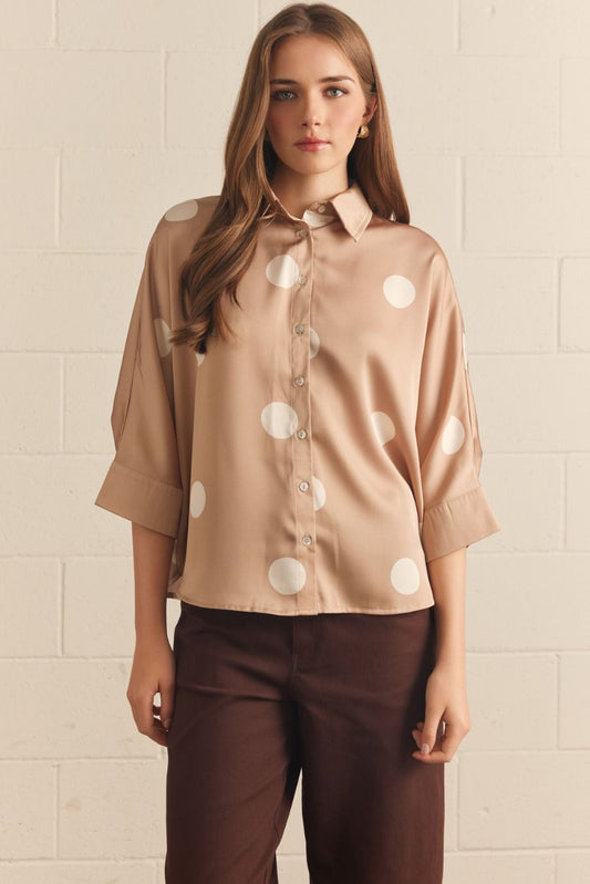 Button Up Polka Dot Top-Latte