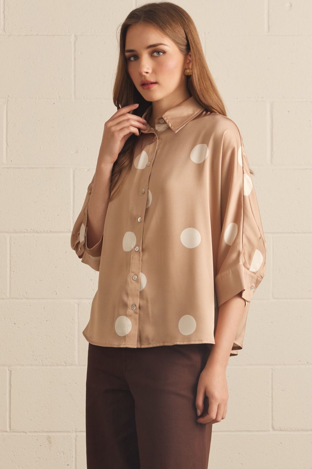 Button Up Polka Dot Top-Latte