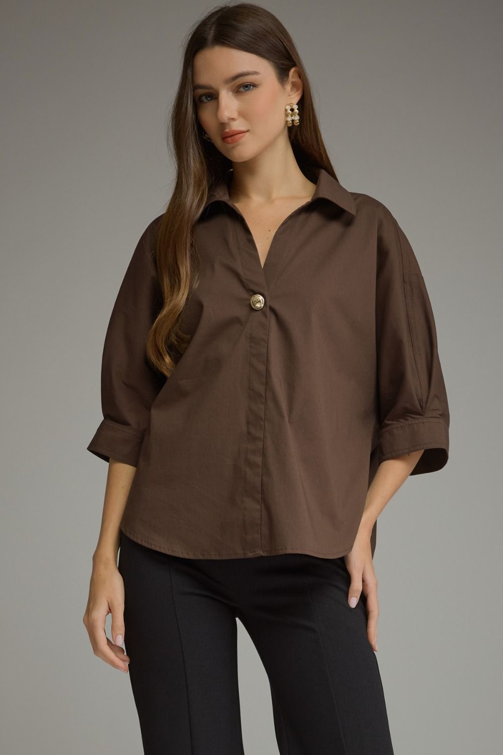 Entro Collared Gold Button V Neck Blouse