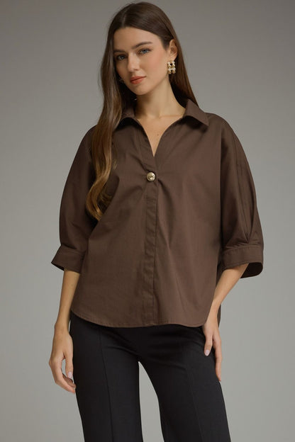 Entro Collared Gold Button V Neck Blouse