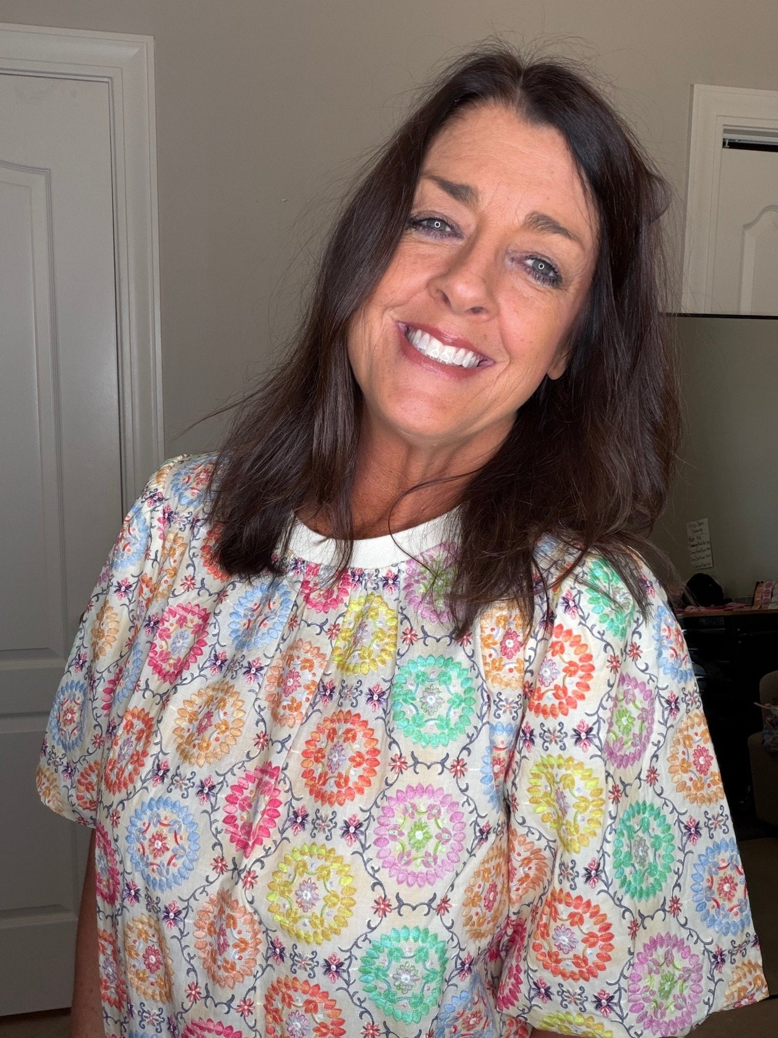 Floral Embroidered Print Bubble Sleeve Top - Simply Pink Boutique