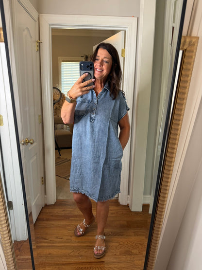 Frayed Short Sleeve Midi Shirt Dress - Dark - Simply Pink Boutique