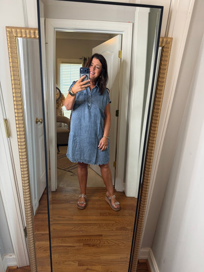 Frayed Short Sleeve Midi Shirt Dress - Dark - Simply Pink Boutique