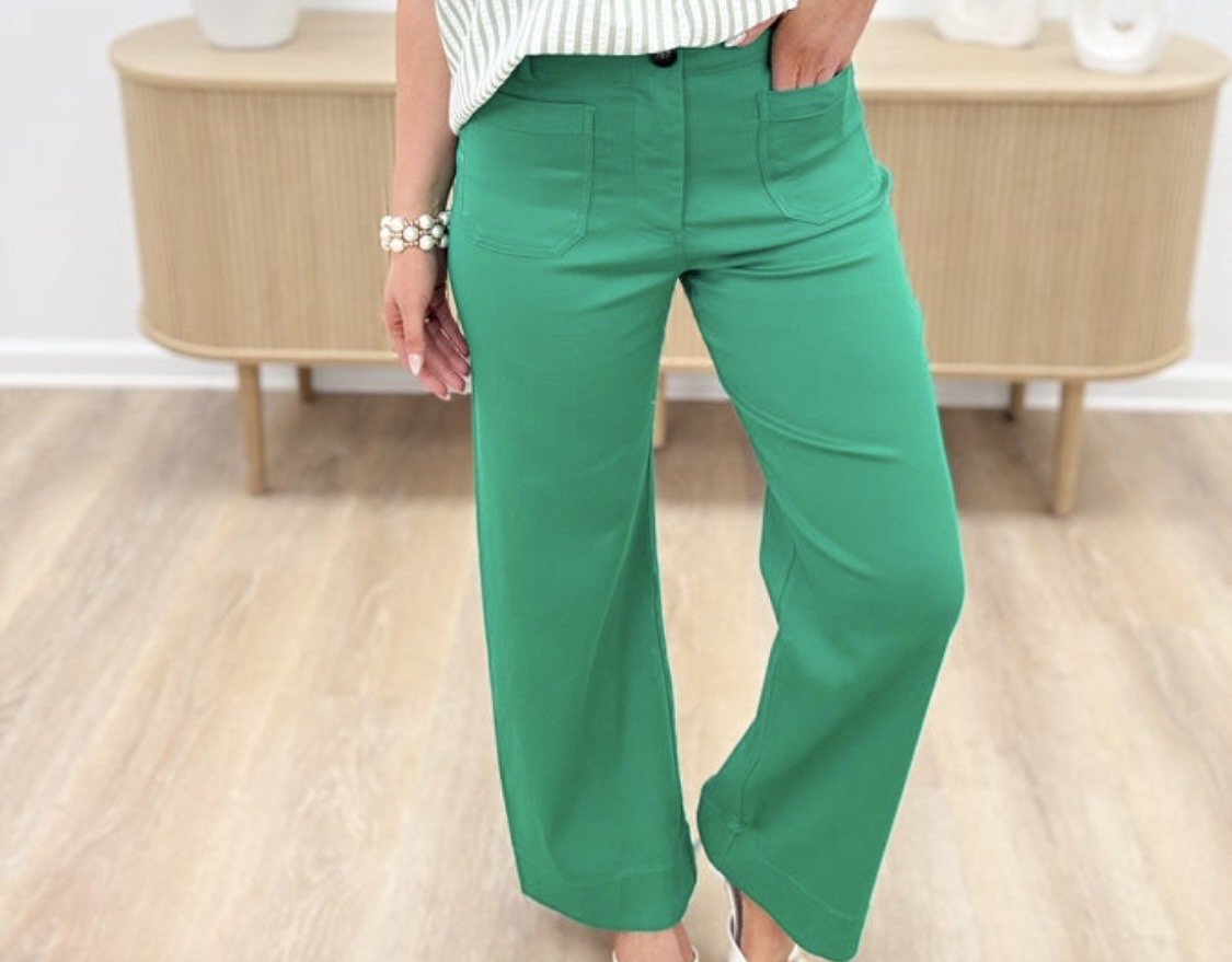 Front Pocket Button Detail Pants Island Green - Simply Pink Boutique