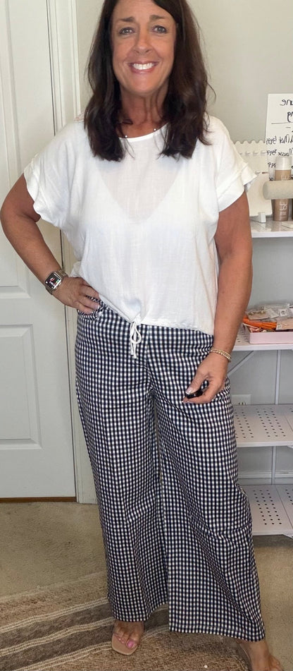 Gingham Wide Leg Pant - Navy - Simply Pink Boutique