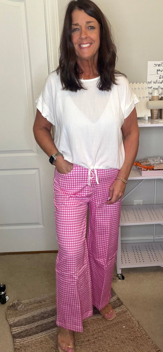 Gingham Wide Leg Pant - Pink - Simply Pink Boutique