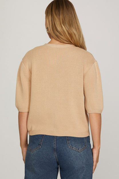 Half Sleeve V Neck Buttoned Knit Sweater Cardigan - Simply Pink Boutique