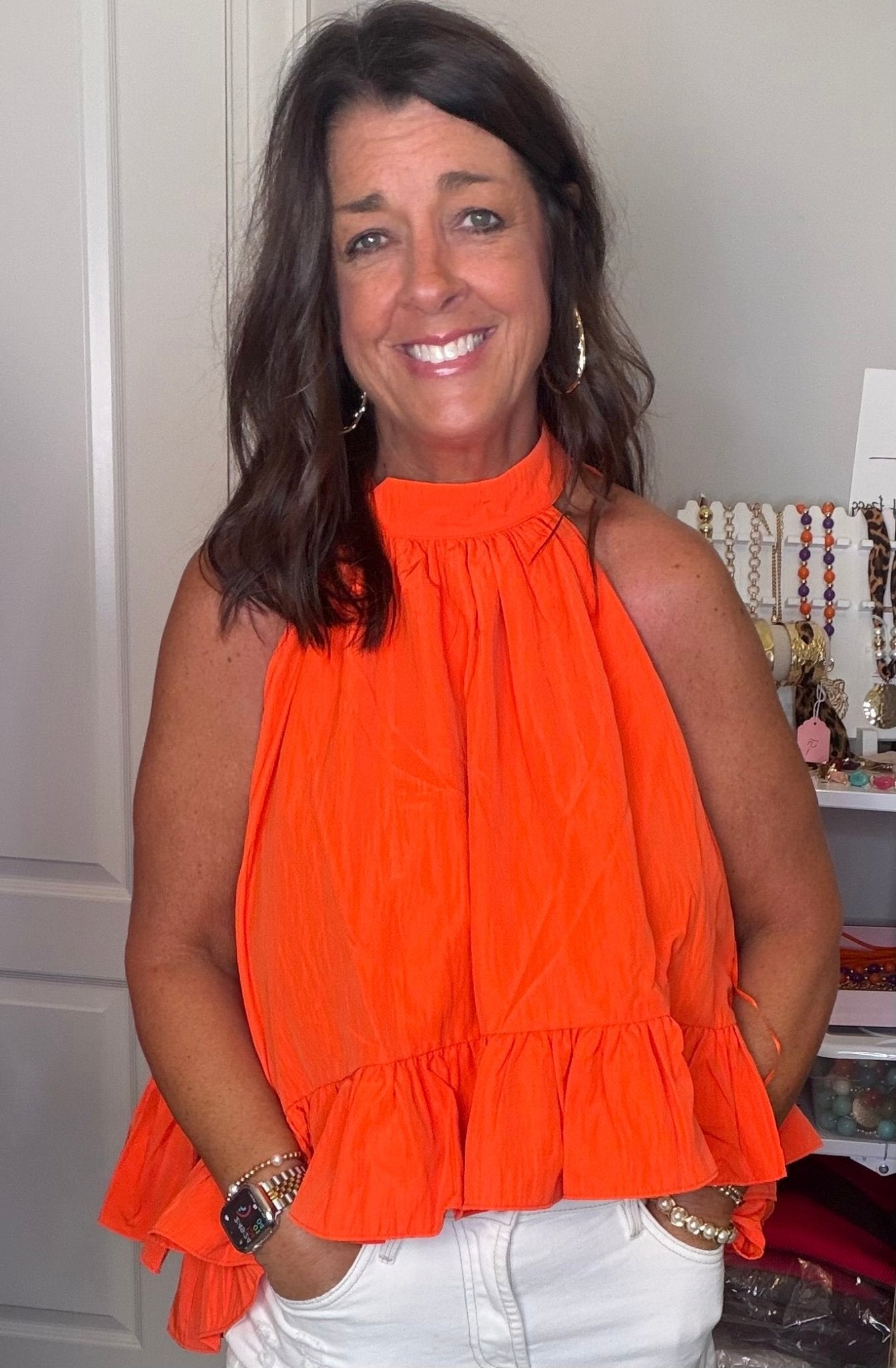 Halter Neck Sleeveless Ruffle Tie-Back Top - Orange - Simply Pink Boutique