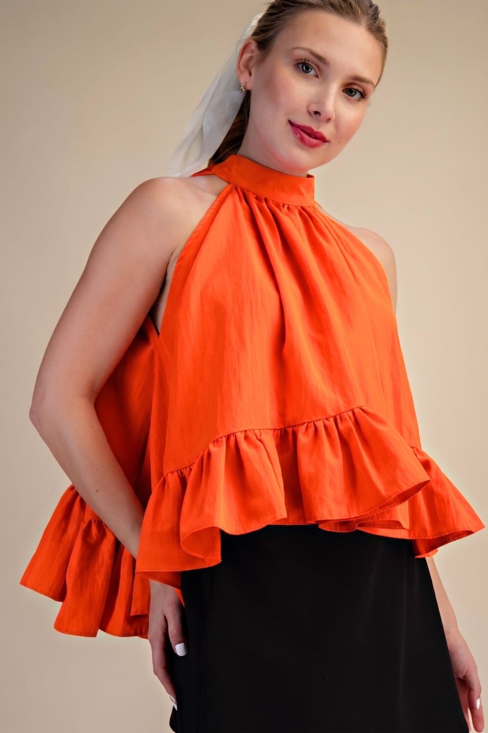 Halter Neck Sleeveless Ruffle Tie-Back Top - Orange - Simply Pink Boutique