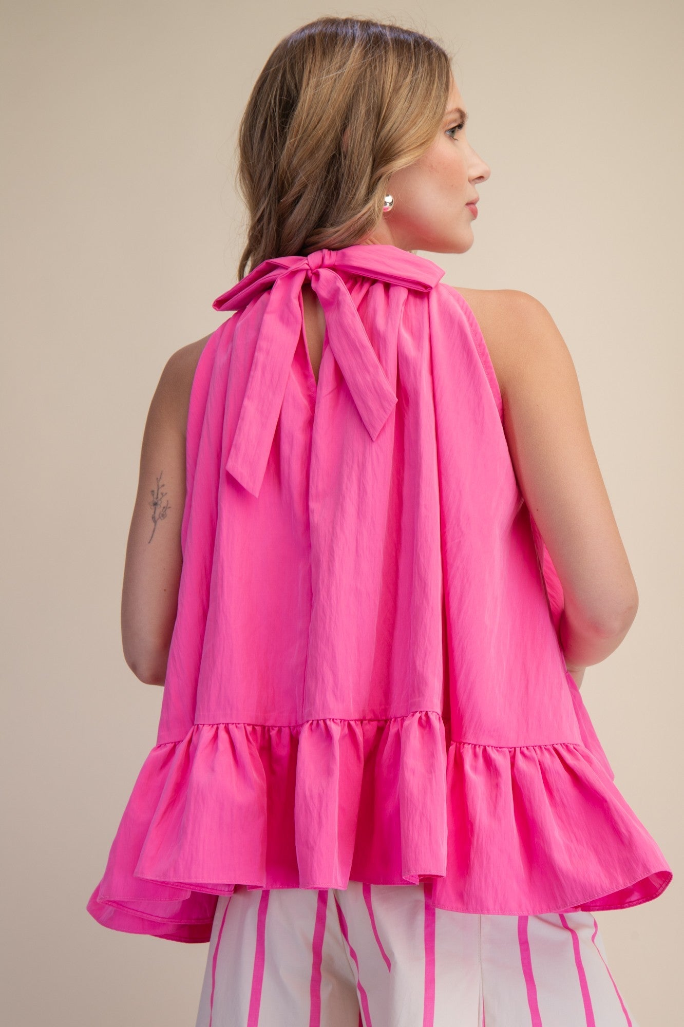 Halter Neck Sleeveless Ruffle Tie-Back Top - Pink - Simply Pink Boutique