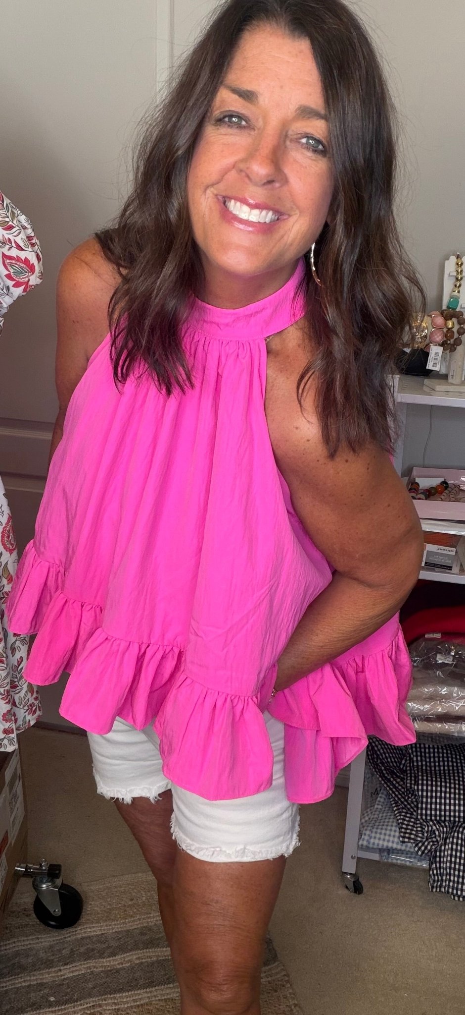 Halter Neck Sleeveless Ruffle Tie-Back Top - Pink - Simply Pink Boutique