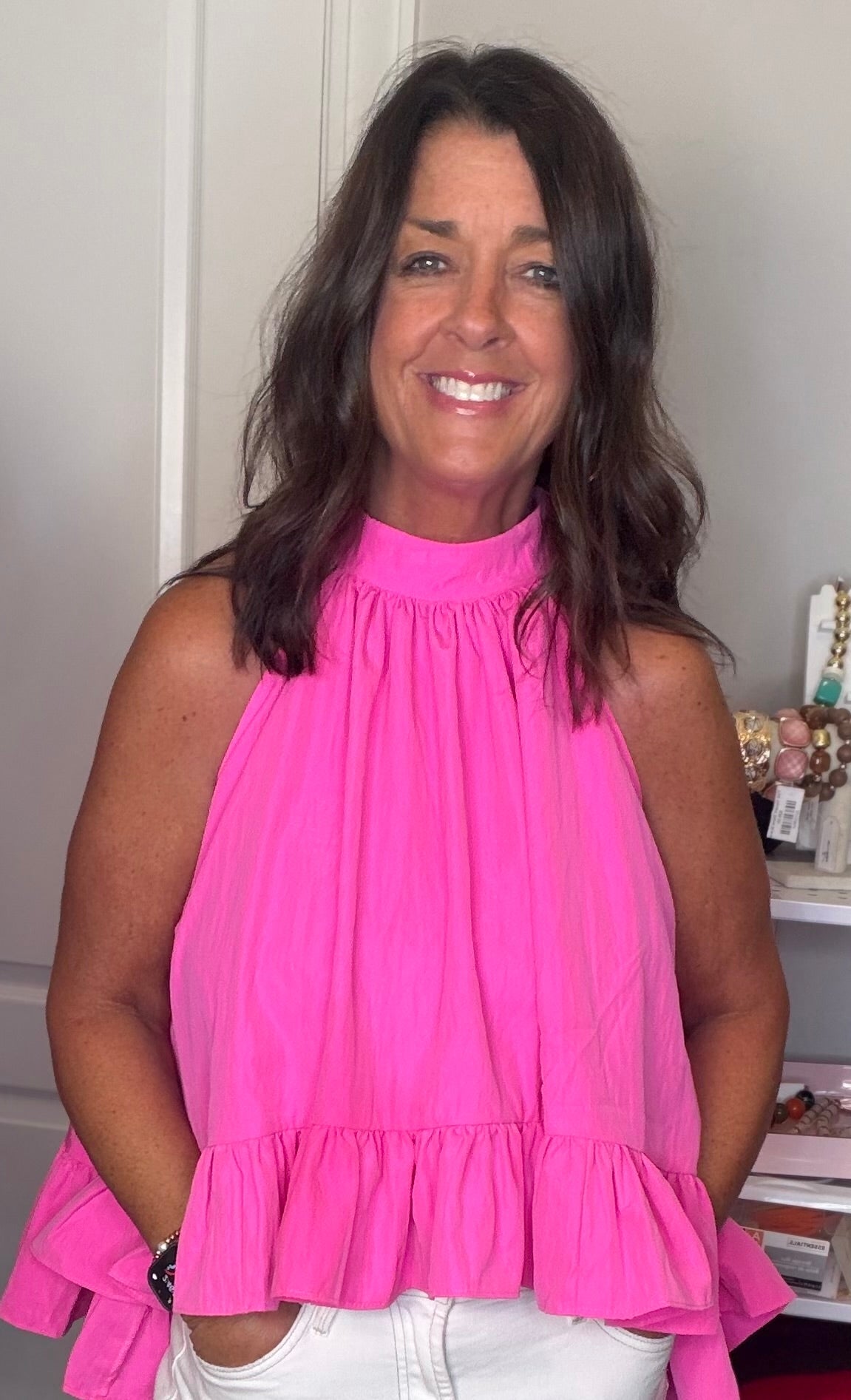 Halter Neck Sleeveless Ruffle Tie-Back Top - Pink - Simply Pink Boutique