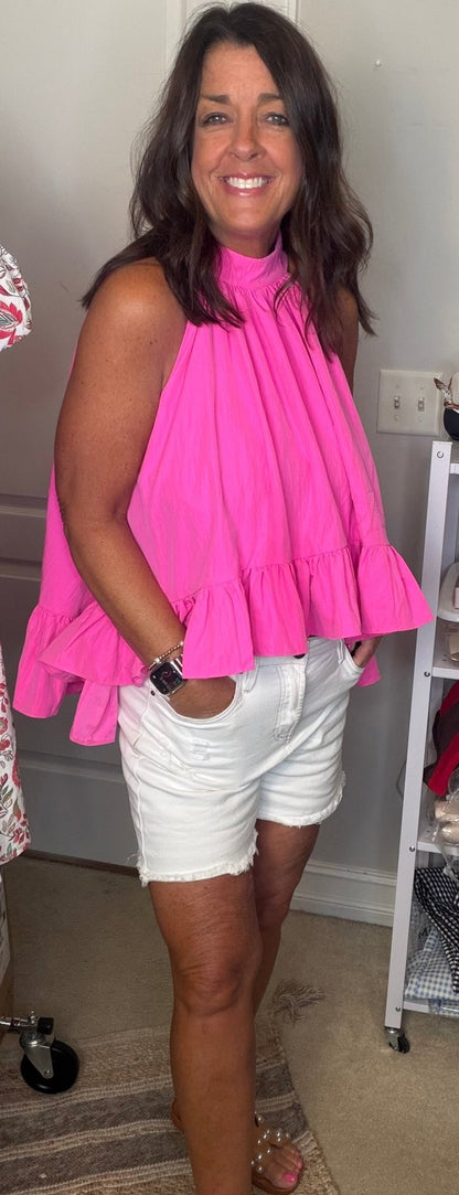 Halter Neck Sleeveless Ruffle Tie-Back Top - Pink - Simply Pink Boutique