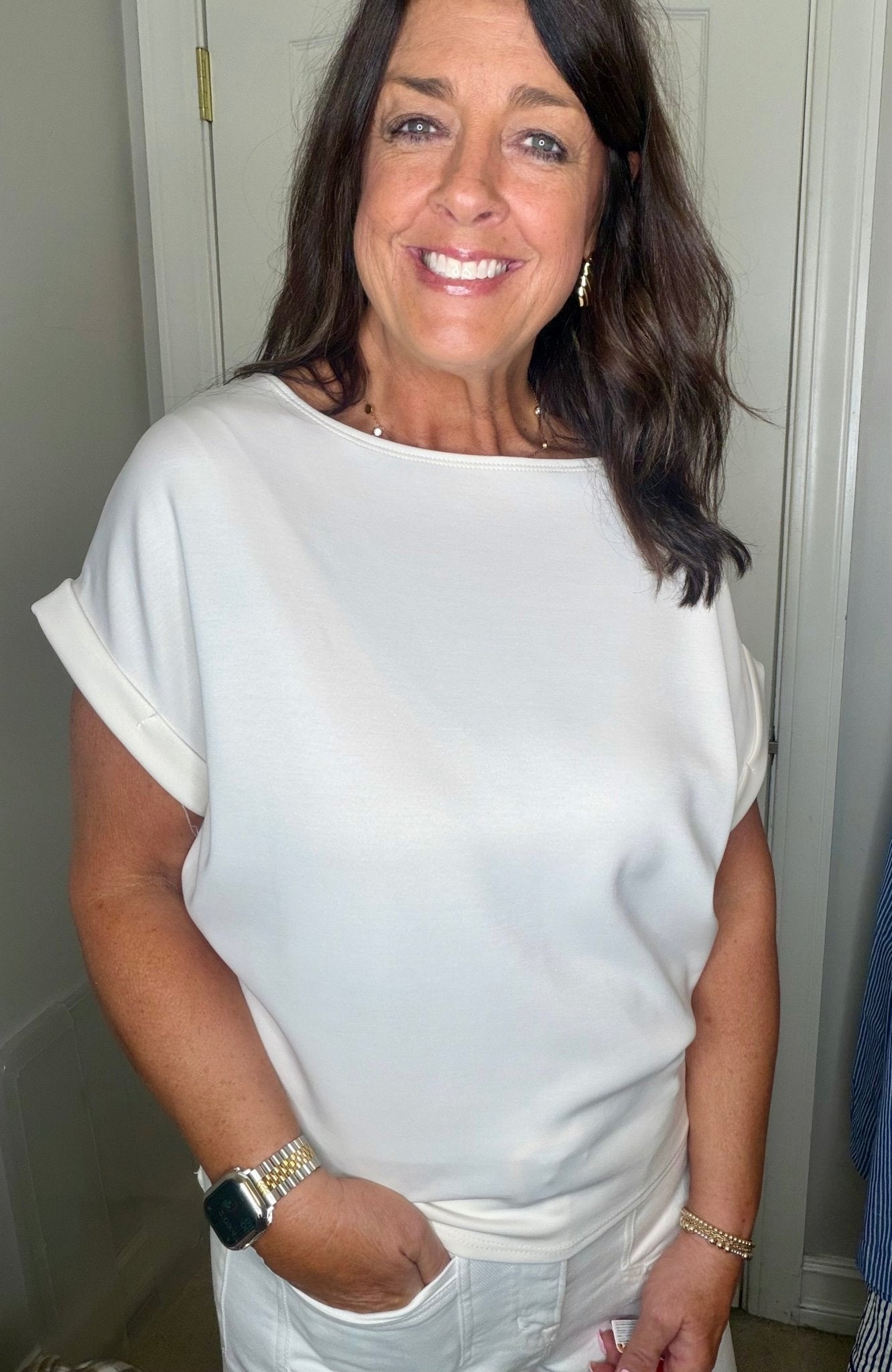 Ivory Scuba Short Sleeve Top - Simply Pink Boutique