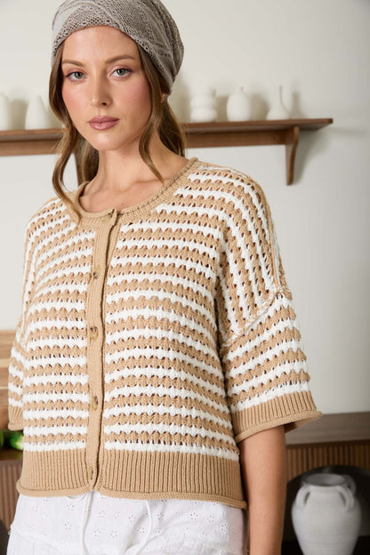 Izzy Stripe Short Sleeve Crochet Knit Cardigan - Simply Pink Boutique