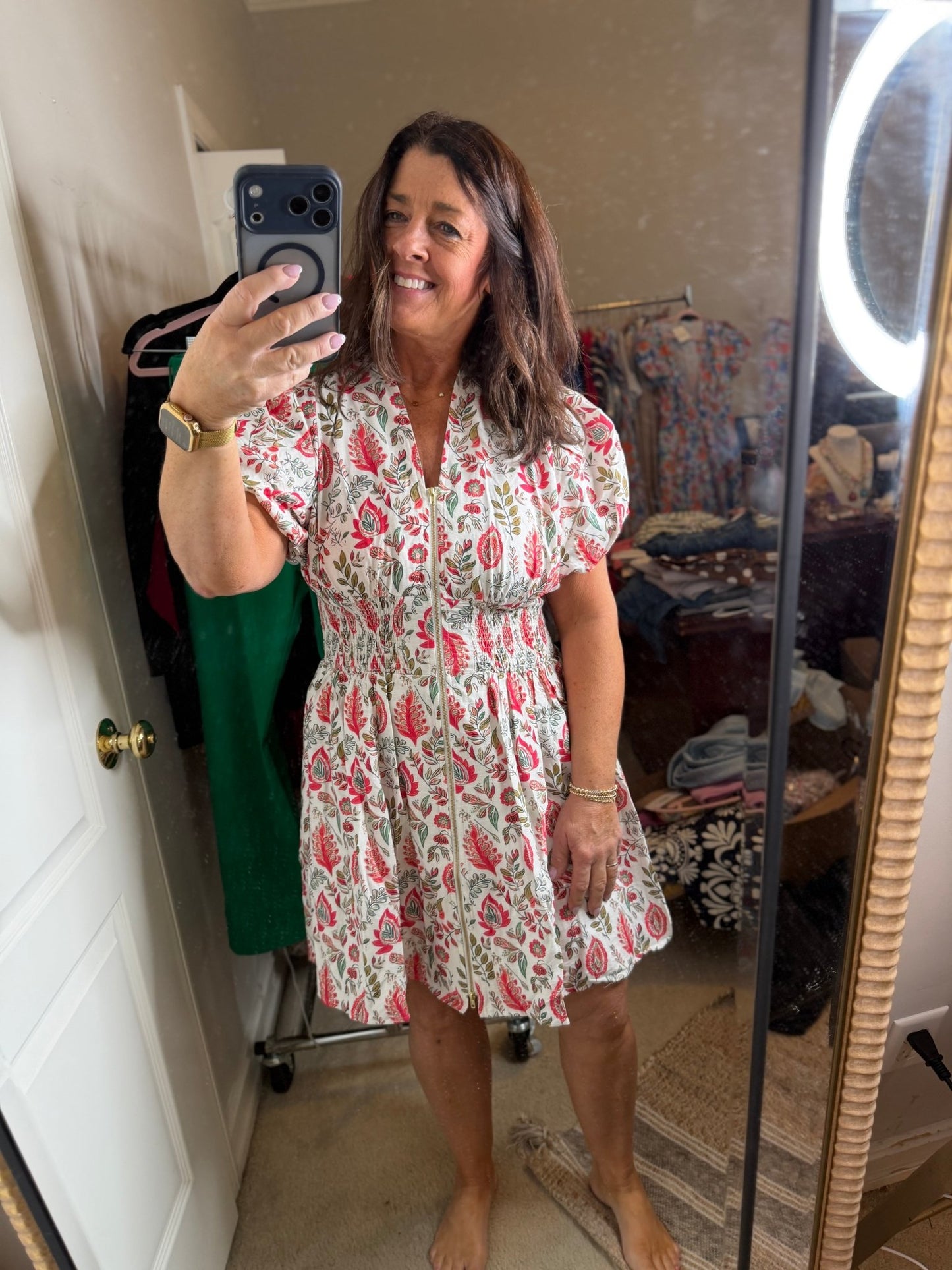 Leaf Print Zipper Dress - Red - Simply Pink Boutique