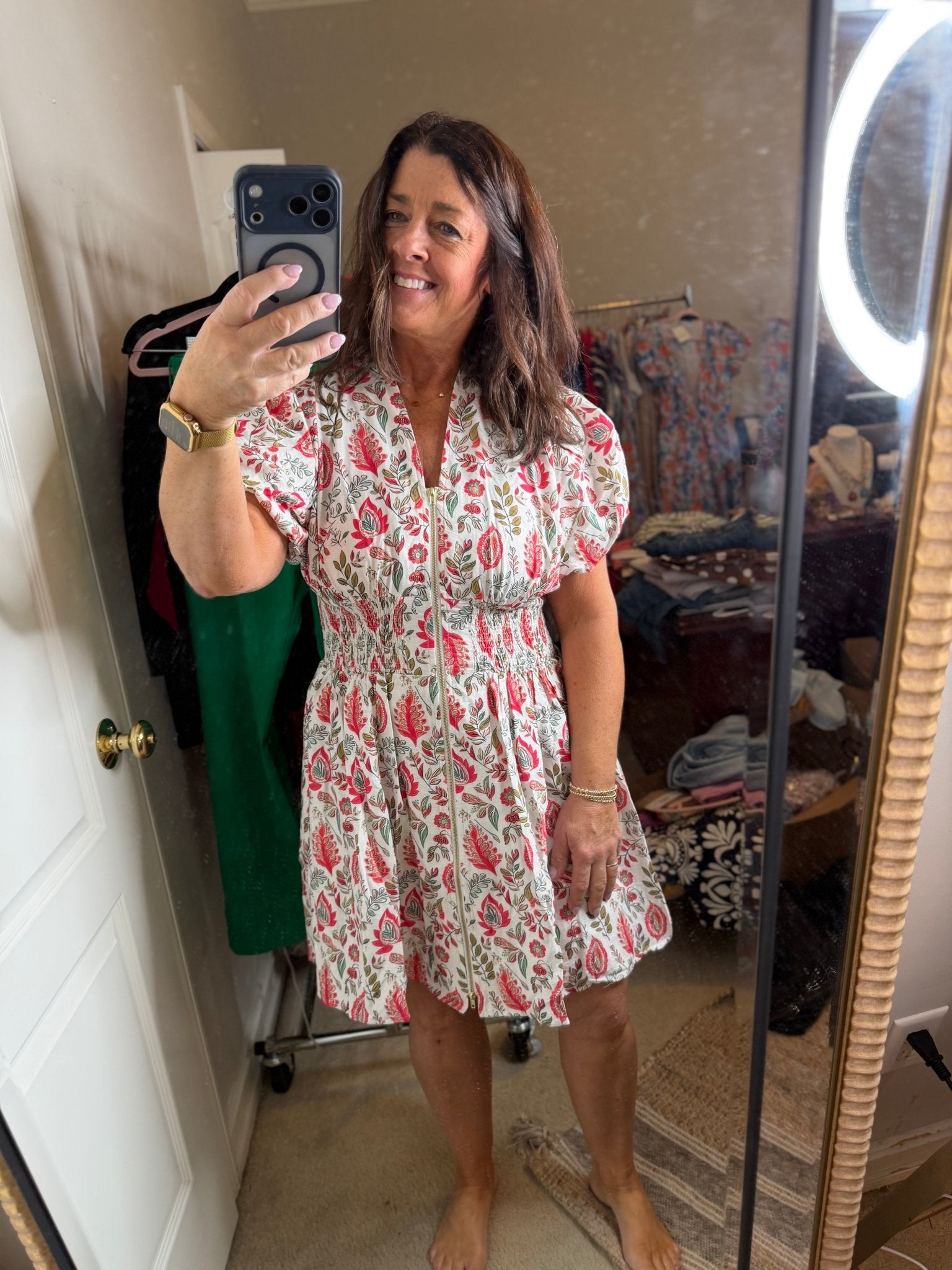 Leaf Print Zipper Dress - Red - Simply Pink Boutique