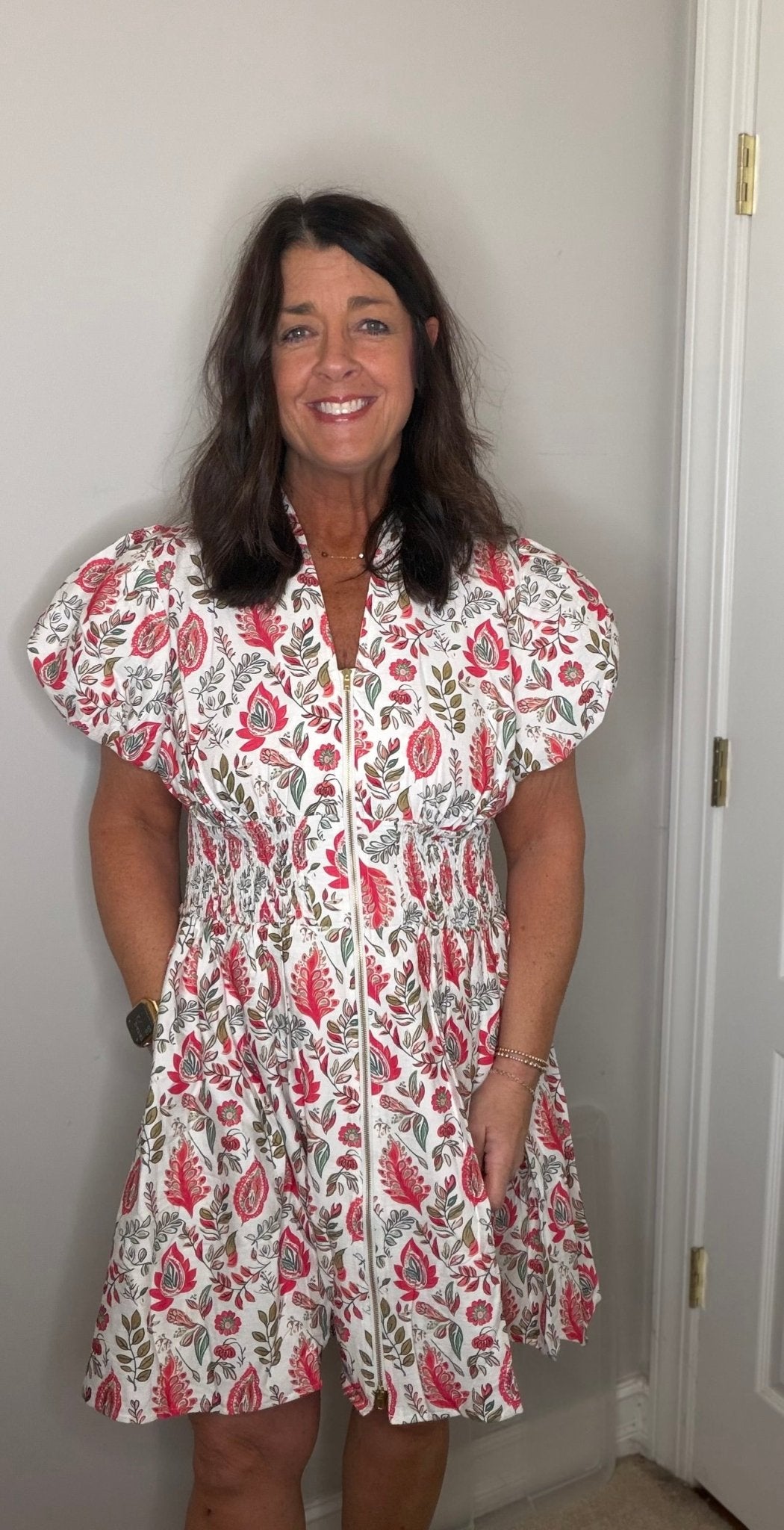 Leaf Print Zipper Dress - Red - Simply Pink Boutique