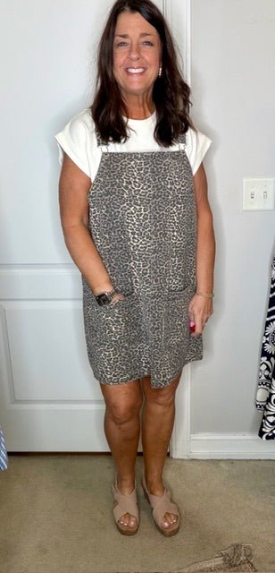 Leopard Denim Mini Overall Dress - Simply Pink Boutique