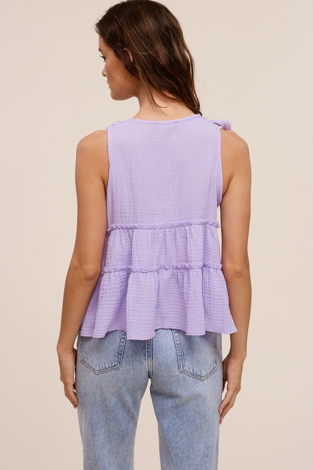 Lilac Tired Tie Shoulder Gauze Top - Simply Pink Boutique