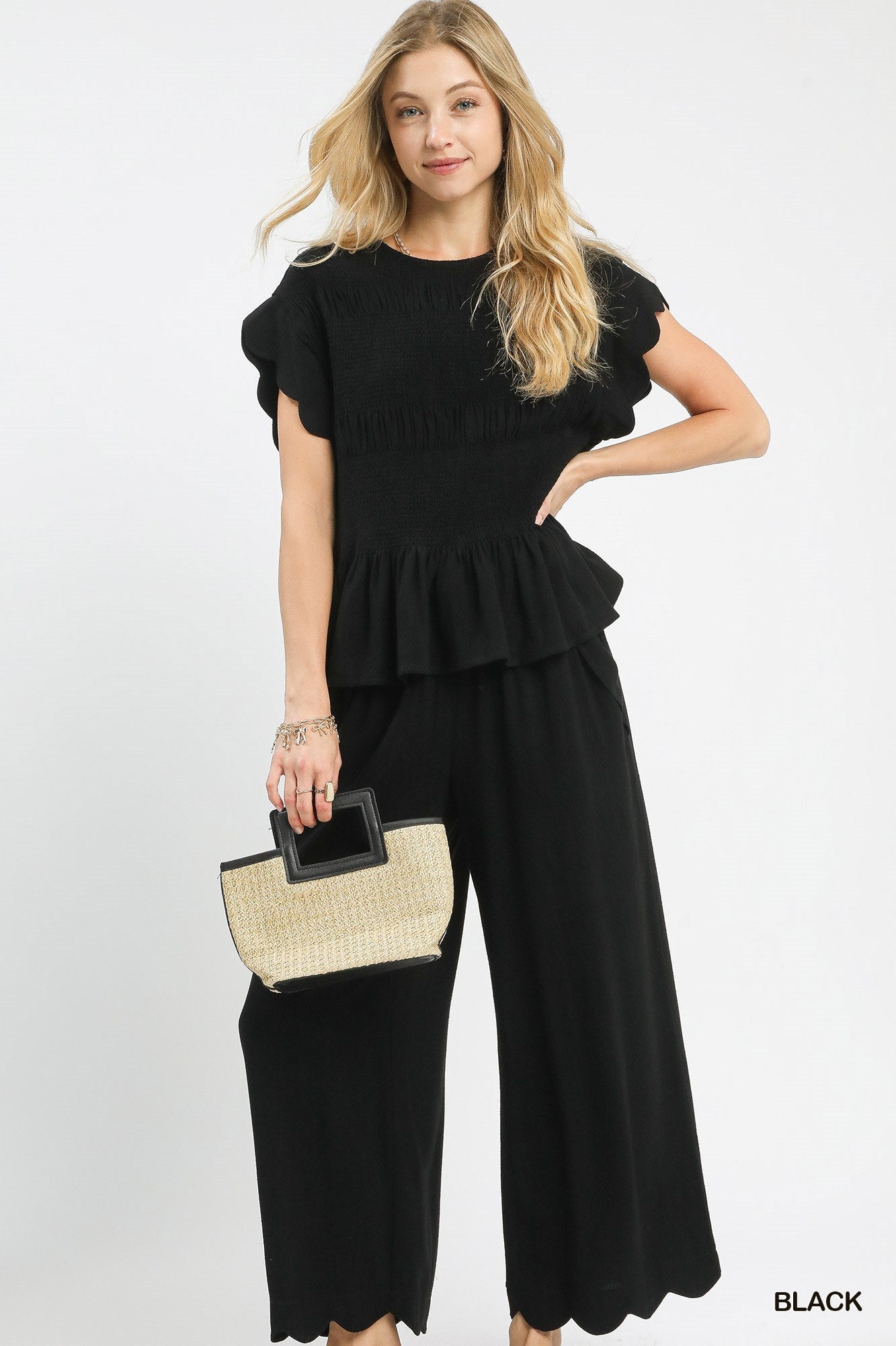 Linen Blend Scalloped Black Set - Simply Pink Boutique