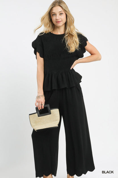 Linen Blend Scalloped Black Set - Simply Pink Boutique