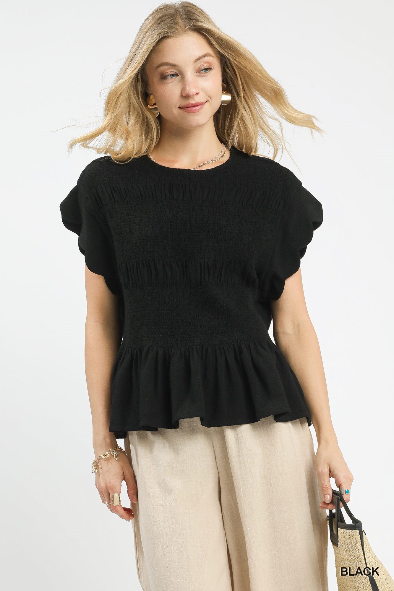 Linen Blend Scalloped Black Set - Simply Pink Boutique