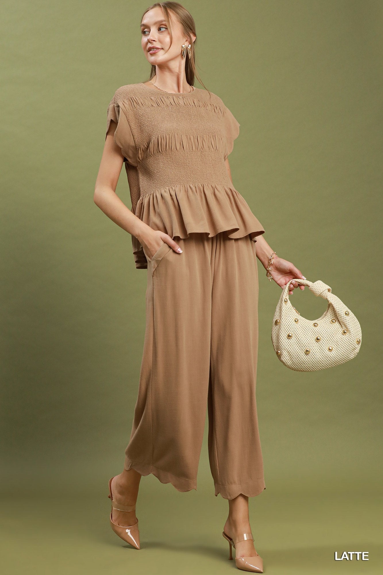 Linen Blend Scalloped Taupe Set - Simply Pink Boutique